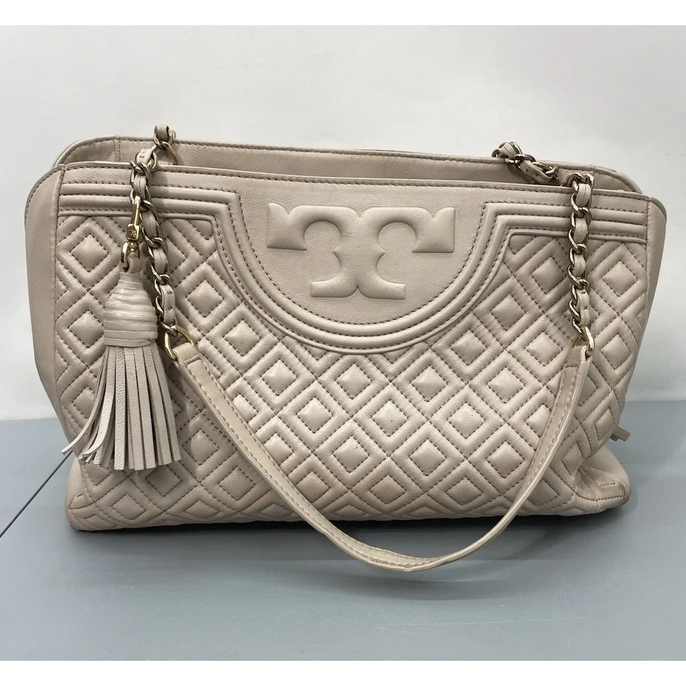 Tory Burch Fleming Open Shoulder Bag Purse Beige Nude Large Soft Leather